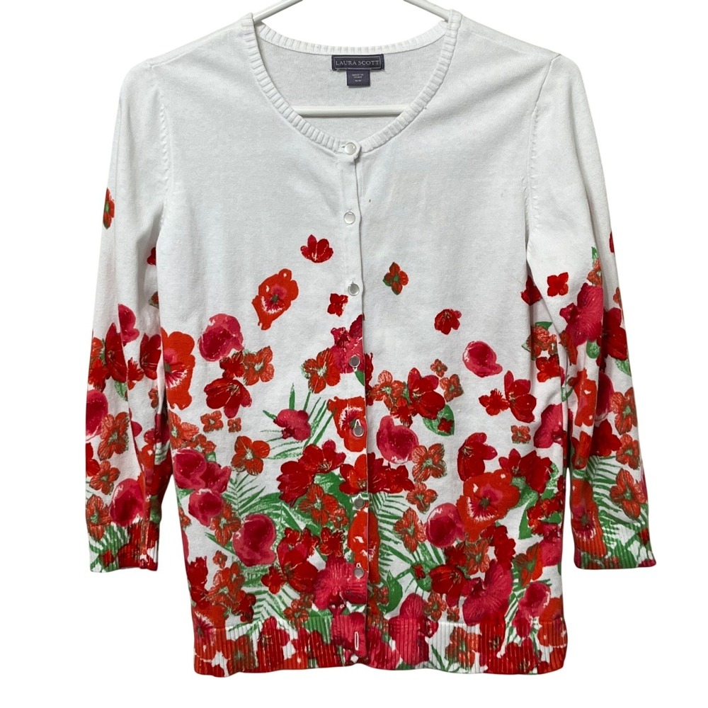 Laura Scott White Cardigan with Red Floral Print